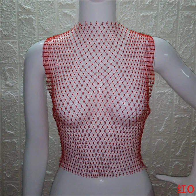 Festival Queen Sexy Diamonds Mesh Cropped Tank Top Women Summer Cover Up Bikini See Through Rhinestone Net Party Club Crop Top - Цвет: red o-neck
