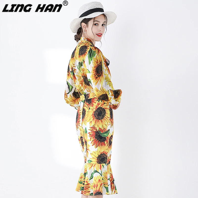 LING HAN/осенние Подиумные кардиганы, шелковая рубашка, женская рубашка с рукавами-фонариками и бантом, с принтом подсолнуха, Элегантные повседневные топы, блузка