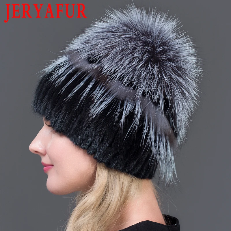 JERYAFUR женская меховая шапка зимняя из натуральной норки меховые шапочки с серебряным лисьим мехом помпоны Топ шапочки горячая Распродажа Россия меховая шапка