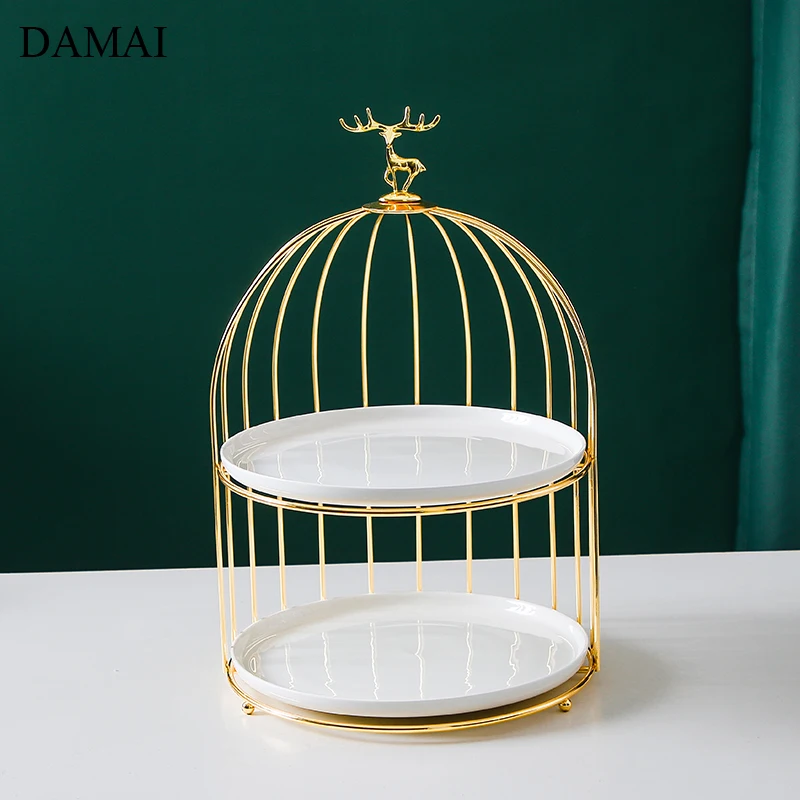 Golden Deer Decorative Cake Stand Creative Three Layers Bird Cage Iron Frame Dessert Display Plates Afternoon Tea Decoration 5