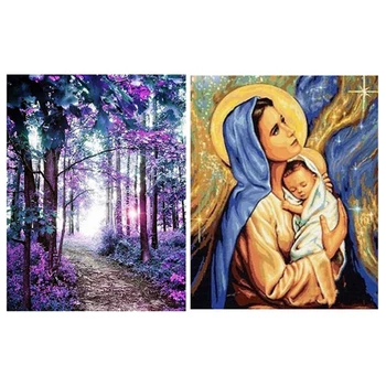 

2 Set DIY Crystal Full Diamond Square Diamond Painting Cross Stitch Kit Purple Forest Landscape & Maria and Children