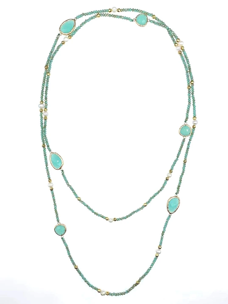 Faceted Cut Irregular Aqua Quartz Long Necklace With 5-6mm White Freshwater Pearls 2mm Crystals And Hammered Gold Beads 50 Inch