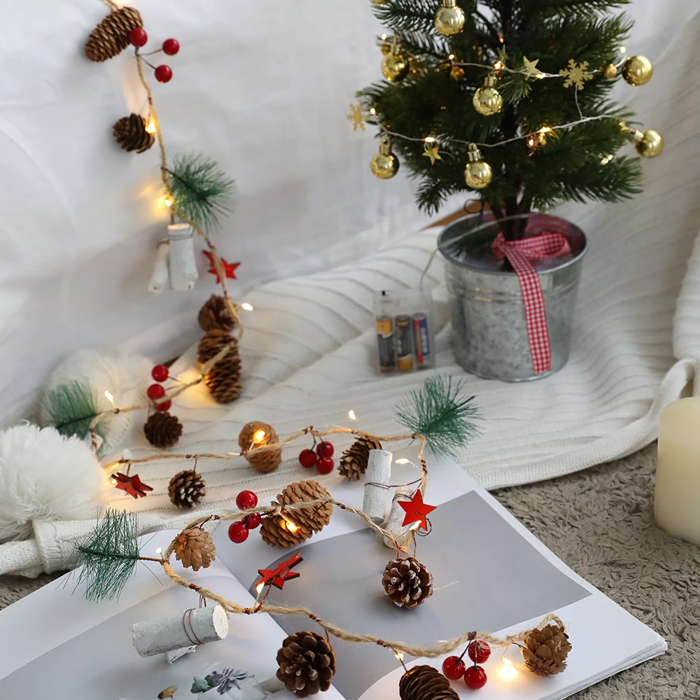 

Battery Power Christmas Pine Cones Branch Red Beads Stars Wood LED String Light Tree Fairy Light 2M 20LEDs Wedding Party Decor