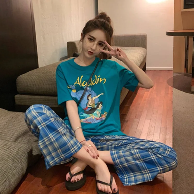 Mickey Minnie Pajamas Women's Summer Casual Short-Sleeved Cute Cartoon Pattern Trousers Thin Loose Home Clothes Outer Wear Suit 3