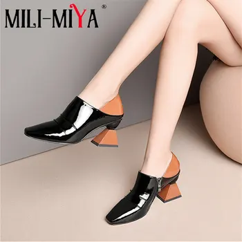

MILI-MIYA Fashion Patent Leather Women High Heel Shoes Square Toe Zipper Girls Party Wedding Spring Ladies Pumps Big Size