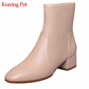 

Krazing pot soft sheep leather round toe solid med heel Hollywood movie star leisure concise simple style beauty ankle boots L19