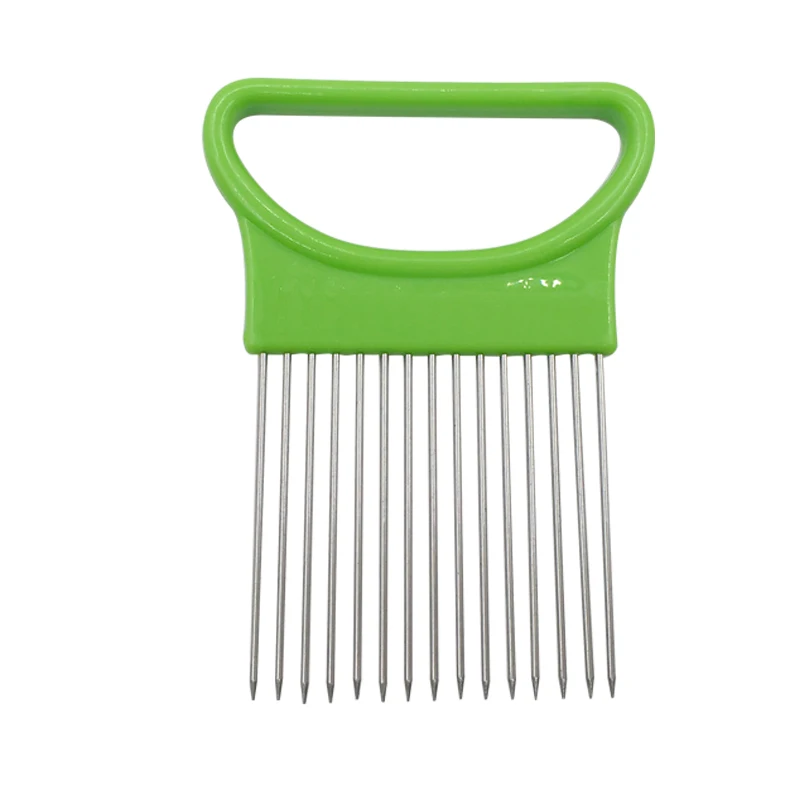 Новые shrenders& Slicers томатный лук овощи слайсер режущий держатель для помощи руководство для нарезки резак безопасная вилка кухонные приборы - Цвет: green