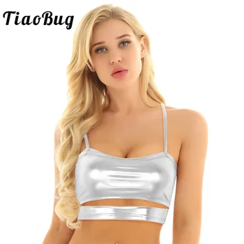 

TiaoBug Women Sexy Crop Tops Shiny Metallic Spaghetti Straps Cutout Camisole Adult Club Party Festival Rave Pole Dance Costume