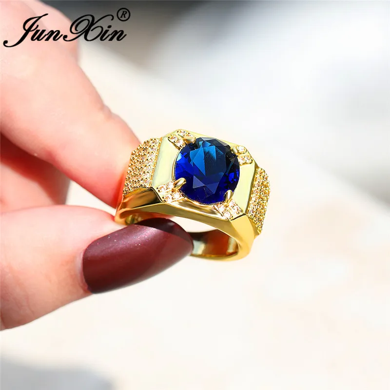 Mens Blue Stone Ring Yellow Gold Oval Crystal Wedding Rings For Men