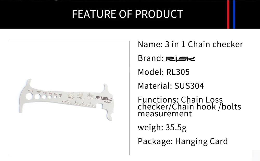 Risk 3 в 1 велосипед цепной проверки MTB дорожный велосипед датчик инструмент прибор для измерения степени износа Штангенциркули измерения винтовой цепи крюк велосипедные аксессуары