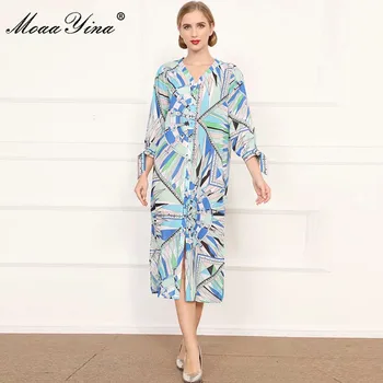 

MoaaYina Fashion Designer dress Autumn Women's Dress 3/4 Sleeve Multicolor Geometric Print Loose Plus Size Dresses