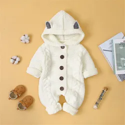 Vêtements d'automne pour bébés filles et garçons, tridimensionnels, petites oreilles, capuche, une pièce, manches longues, tricot torsadé pur 