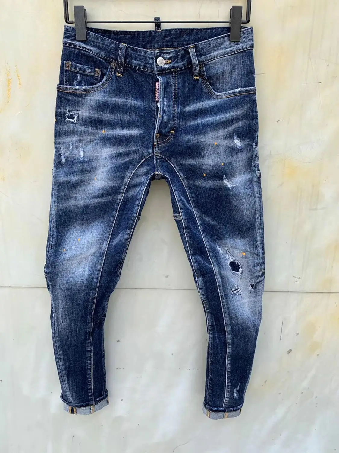 

Men Stretchy Ripped Skinny Biker Embroidery Print Jeans Destroyed Hole Taped Slim Fit Denim Scratched High Quality Jean #336