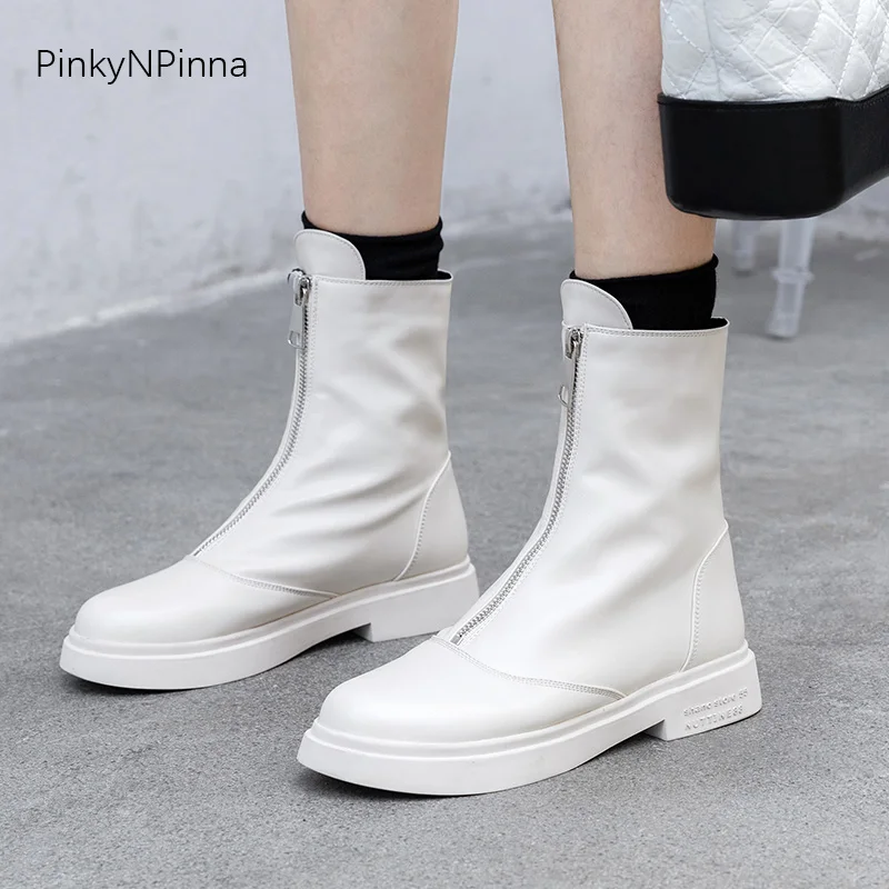 women high qualith front zip white ankle boots soft short plush 