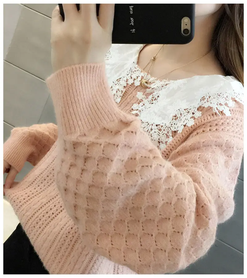 pullover sweater 2022 Spring Autumn Sweater Female Korean Version Loose Autumn Winter Outer Wear Lace Doll Collar Knit Pullover Top christmas sweatshirt