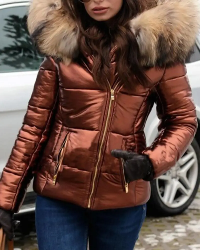 Womens Quilted Winter Coat Puffer Fur Collar Hooded Shiny Ladies Parka UK Jacket 