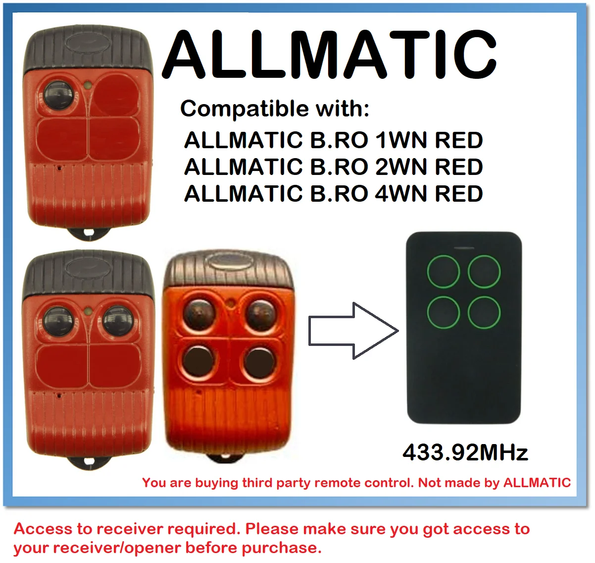 

ALLMATIC B.RO WN RED BRO1WN, BRO 2WN, BRO4WN Compatible Remote control
