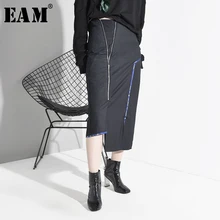 [EAM] Асимметричная юбка на молнии с высокой талией и разрезом для темпераментных женщин; модная новинка; сезон весна-осень года; 1H26717