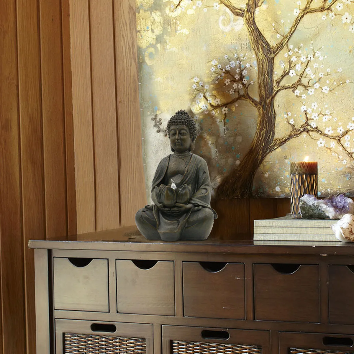 color negro Escultura de cabeza de Buda jardín Zen Set w/Lotus velas Portavelas y bandeja de madera 