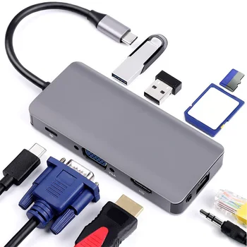 

Grey HDMI VGA Card Reader Video Adapter USB C Hub Computer Network RJ 45 PD3.0 Audio Port Power Output Cable Concentrator 9 In 1