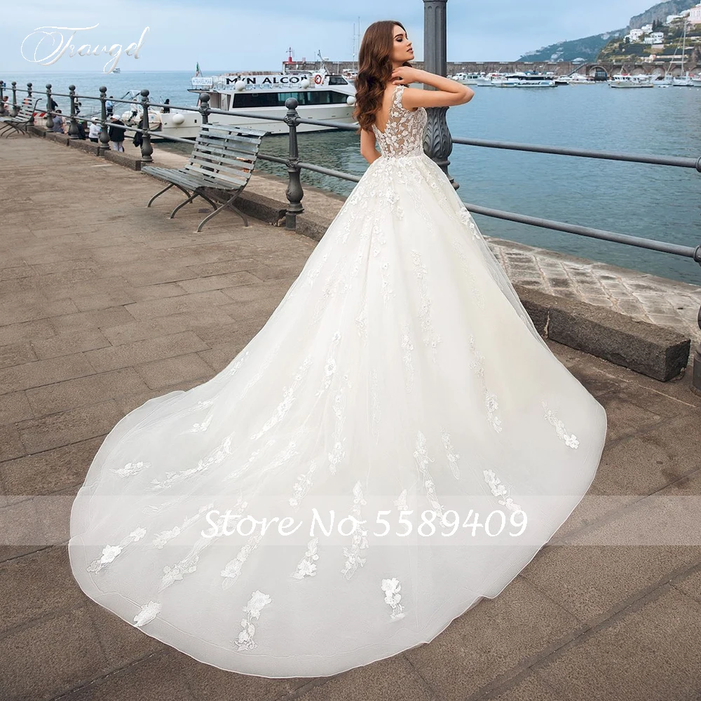 Traugel Sexy V Neck Ball Gown Lace Wedding Dress Elegant Sleeveless Backless Bead Bridal Dress Long Train Wedding Gown Plus Size Traugel Sexy V Neck Ball Gown Lace Wedding Dress Elegant Sleeveless Backless Bead Bridal Dress Long Train Wedding Gown Plus Size