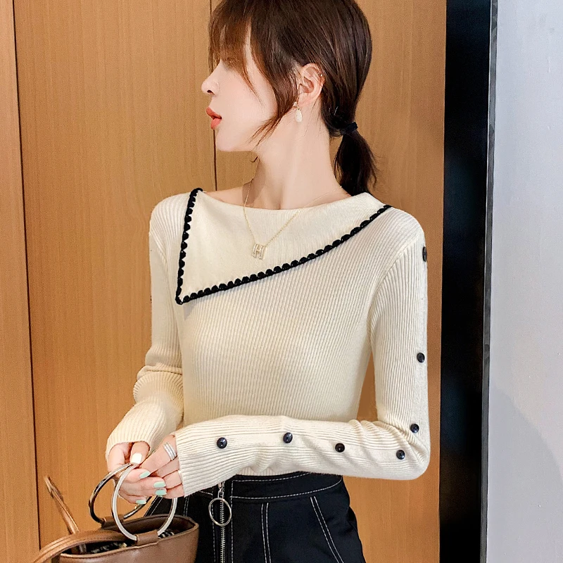 

Korean Casual Knitted Lace Women Sweaters and Pullovers Long Sleeve Slash Neck Thin Knit Women Sweater Solid Crop Sweater