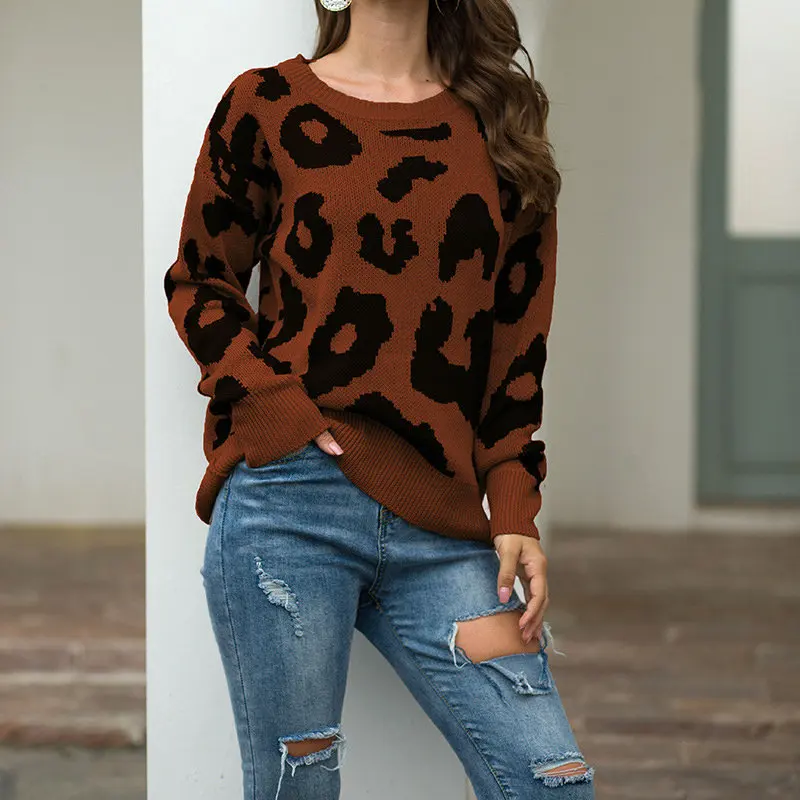 Европейский Американский Леопардовый женский свитер с длинными рукавами с круглым вырезом Осень Зима Свободный пуловер свитер - Цвет: C