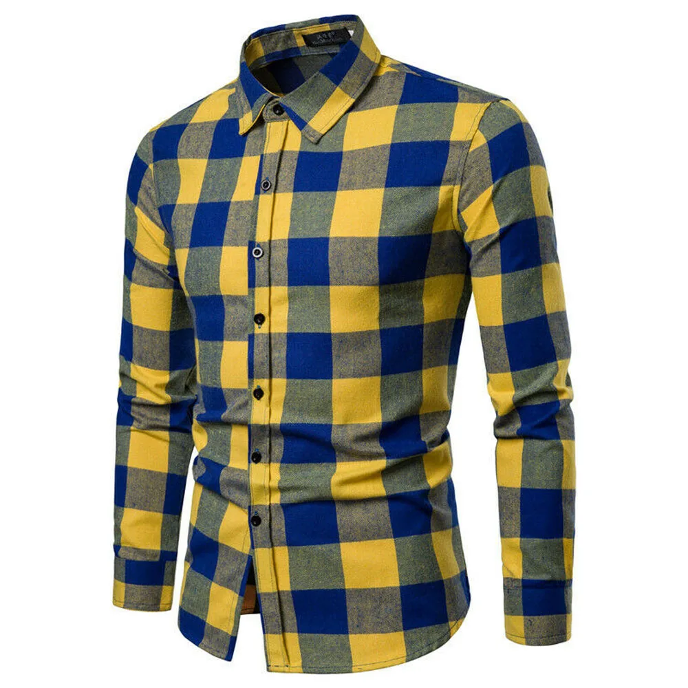 Men Dress Shirts Plaid Long Sleeve Slim Fit Formal Tops
