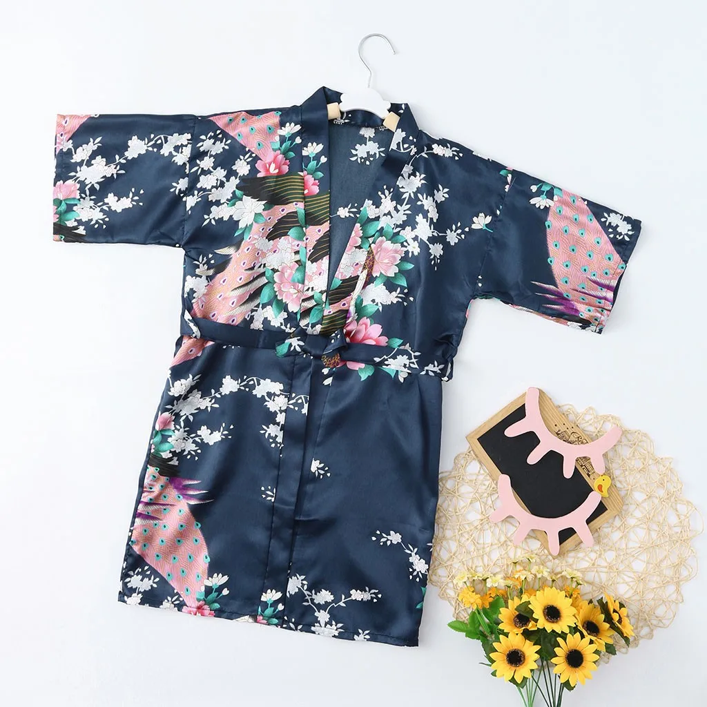 Банный халат, одежда для сна для девочек с цветочным узором, из шелка атласное кимоно; наряд летние шорты рукав Мягкий хлопок, одежда для сна, комплекты одежды Y814