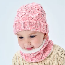 Зимний Детский плюшевый шарф и шапочки для улицы, однотонные вязаные шапки, теплые шапочки для мальчиков и девочек, милые комплекты для малышей