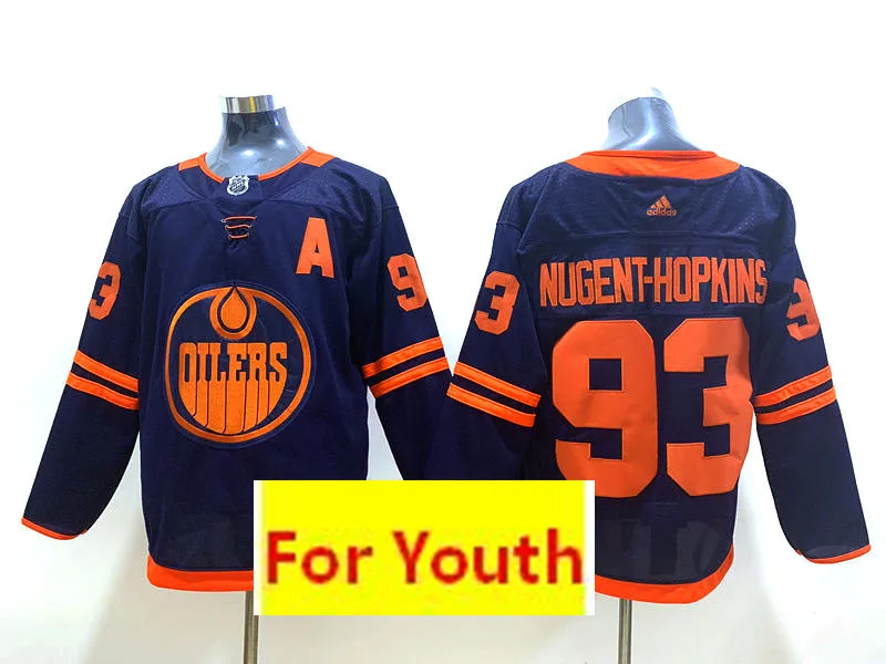 Сшитый Edmonton Youth#97 Connor McDavid#29 Leon Draisaitl#93 Nugent-Hopkins детский трикотаж - Цвет: Синий