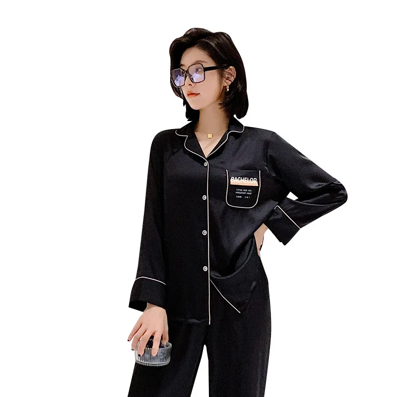 

Spring And Summer Thin Section Western Style Women Ice Silk Lapel Home Service Simple Casual Long Sleeve Two-Piece Pajamas