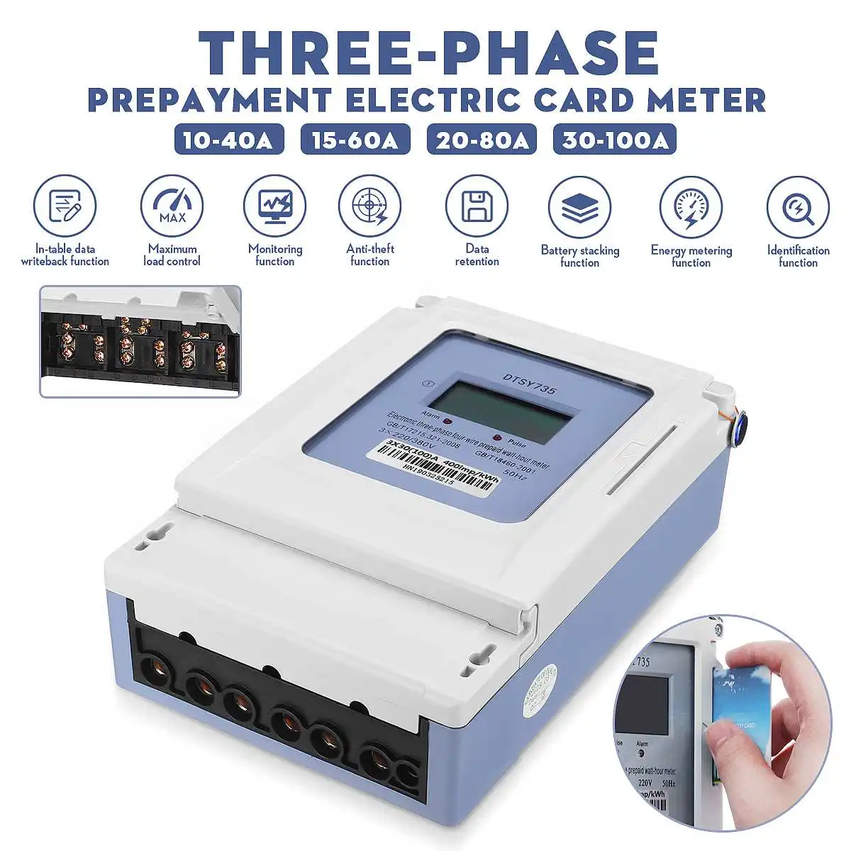 

3x 220/380V Electric Meter Three-phase Four-wire Prepayment Energy Electric Card Meter+Card LCD Digital Display Energy Metering
