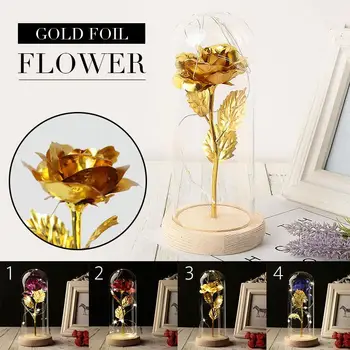 

Gold Foil Rose Rose Flower Eternal Flower LED Luminous Immortality Romantic Glass Cover Flowers Party Gift Wedding Decoration