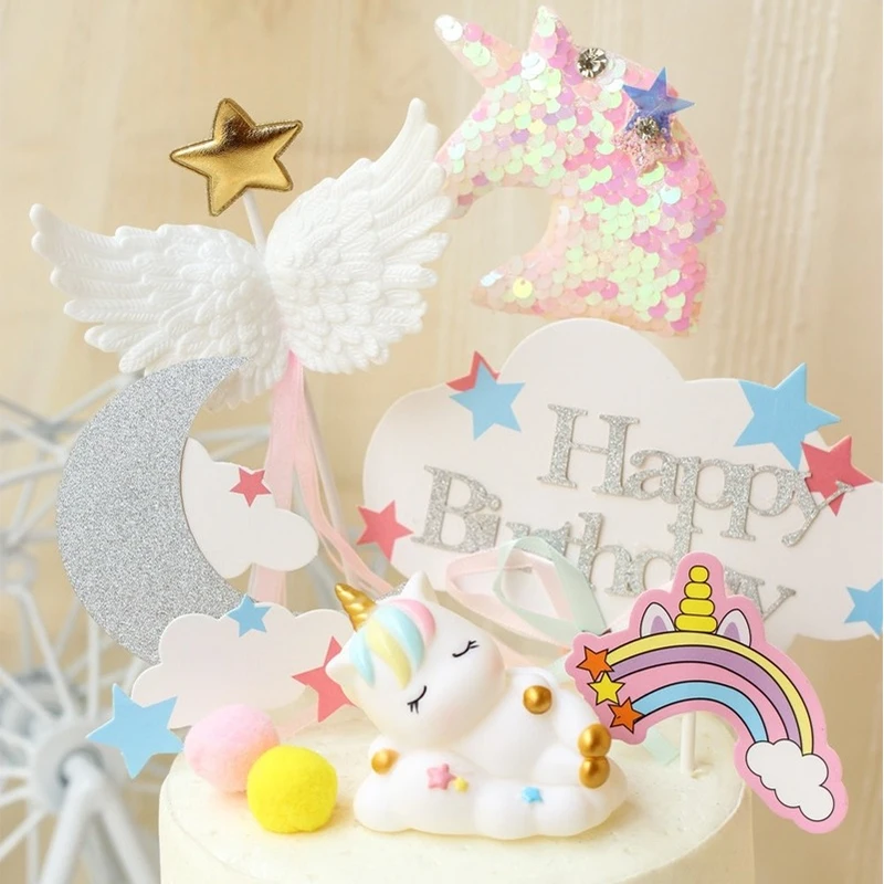 Unicorn Cake Decoration Moon Cloud Rainbow Happy Birthday