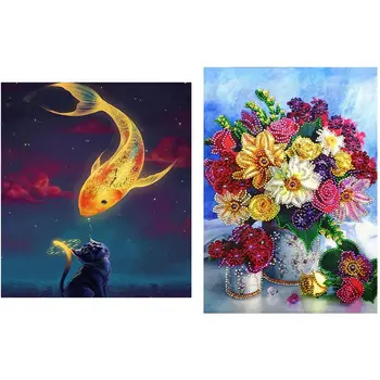 

2 Set 5D Diy Diamond Painting Home Decor Embroidery - Cat and Fish Square Diamond & Beautiful Flowers Round Diamond