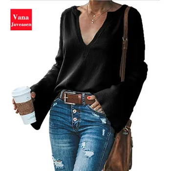 

Fashion Women Solid Pullover V-Neck Flare Sleeve Ladies Knitting Sweater Autumn Womans Loose elastic force Jumper Sweater Tops