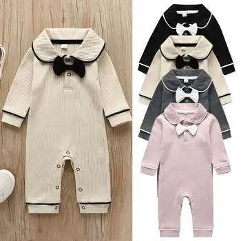 

0-24months Newborn Clothing 2019 Autumn Baby Girls Clothes Cute Doll Collar Baby Girls Rompers Solid Bow Tie Baby Boys Jumpsuits