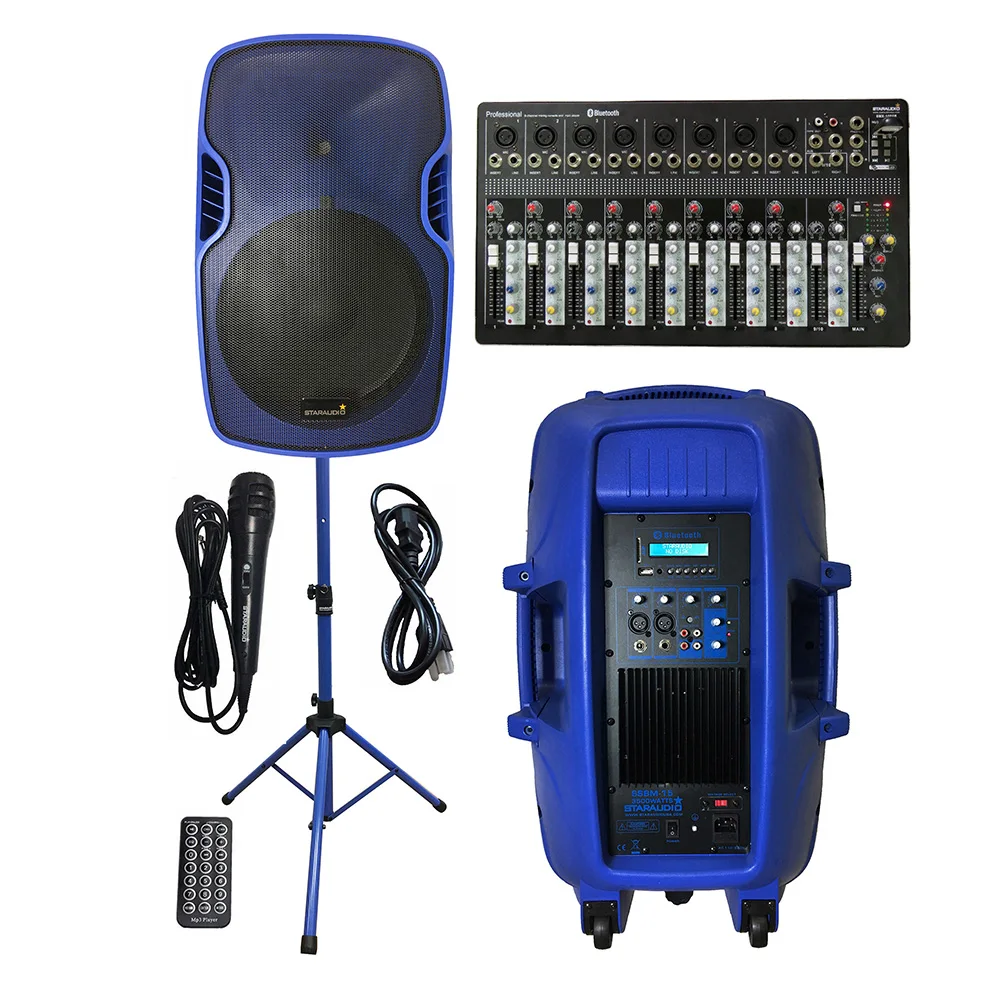 

STARAUDIO 15" 3500W Active Powered Stage DJ Audio Speaker Wired Microphone Karaoke PA Stand 10 Channel Bluetooth Mixer SSBM-15