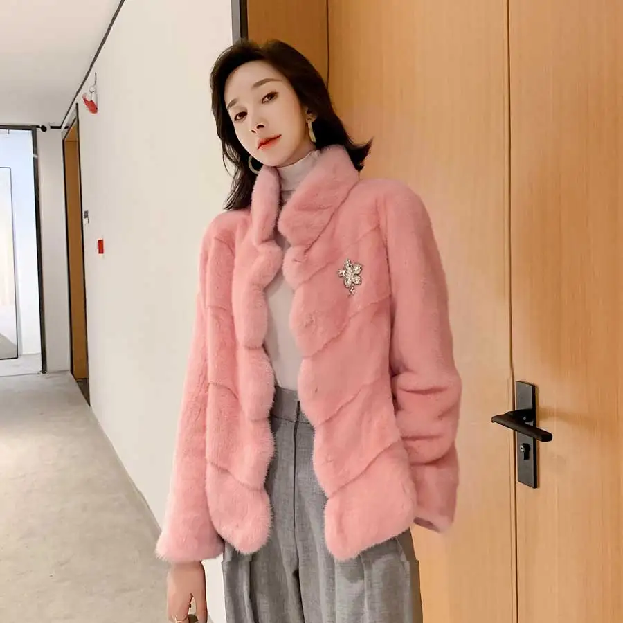 light pink Из вельвета, водяной норки пальто, меховые пальто Женская короткая заметка 1008 - Цвет: light pink