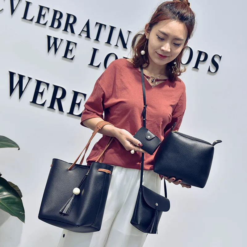 

2017 New Style WOMEN'S Bag Embossed Leather Wooden Bead Tassels Bucket Bag Three-piece Set Different Size Bags Portable Shoulder