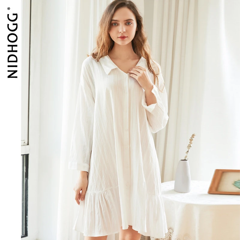 de manga larga de algodón para mujer, dormir vestido de blanco, camisa de novio con solapa de Jacquard, camisones Vintage, vestido de noche Sexy|Camisones y dormir| - AliExpress