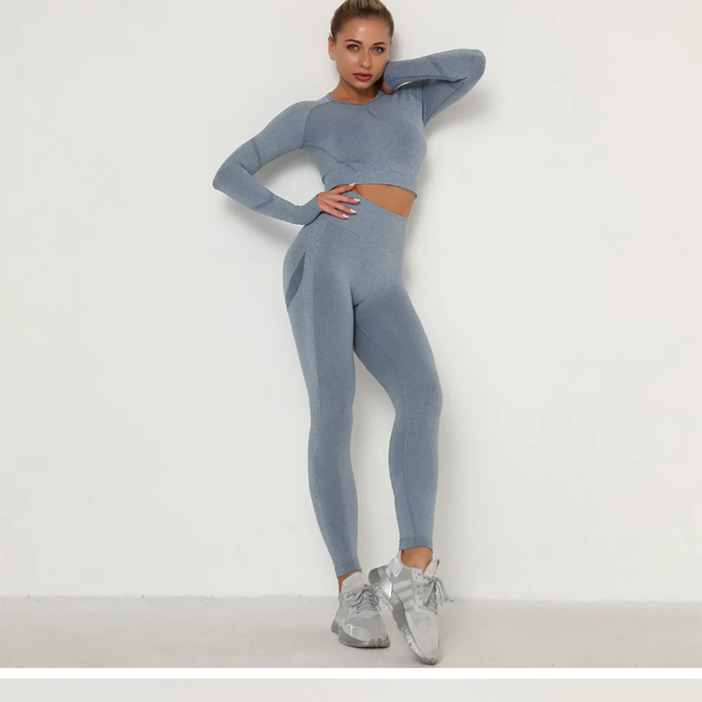 跨境欧美-无缝瑜伽服套装吸汗提臀-高腰健身裤女紧身长袖运动套装-阿里巴巴_22