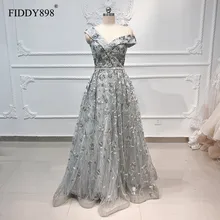 Роскошное вечернее платье А-силуэт с открытыми плечами кружевное вечернее платье с бисером серебристо-синие вечерние платья с кристаллами Robe de Soiree