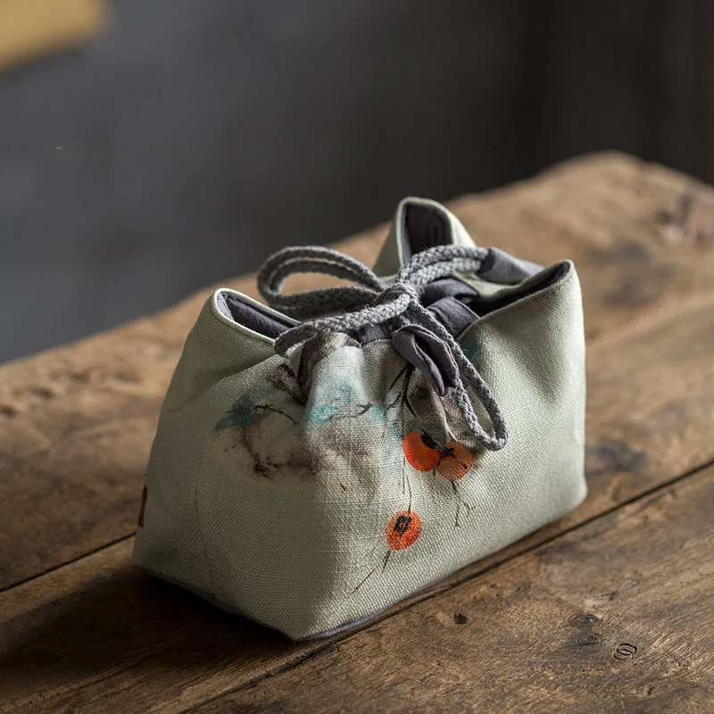 Vintage Persimmon Tea Cup Cloth Storage Bag Portable Printing Travel Kung Fu Tea Cozies Hand Bags Ceremony Accessories LA453