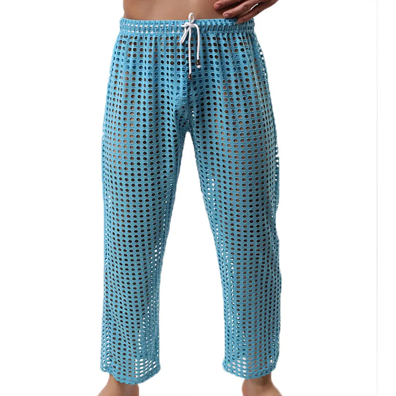 Men Pyjamas Trousers Mesh Home Pants Fishnet Transparent Casual Breathable Homewear Lacing Sexy Sleep Bottoms Loose Lounge Pants