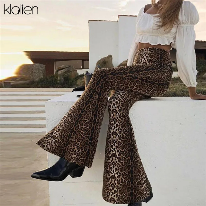 

KLALIEN Leopard High Waist Hips Slim Micro Bell Bottom comfortable soft Trousers 2019 Winter New Arrival Street Fashion Women's