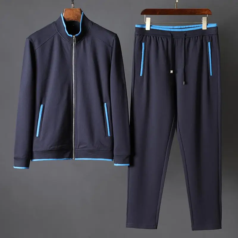 Minglu, мужские комплекты(толстовка+ штаны), роскошный стоячий воротник, толстовка на молнии, для мужчин, Осень-зима, облегающий Мужской комплект с брюками, 4XL - Цвет: BLUE
