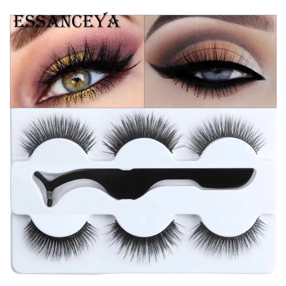 

ESSANCEYA 3 Pairs/Box Handmade Mink Lashes Natural Long Flase Eyelashes Extension Fake Eyelashes With Tweezer Makeup Tools