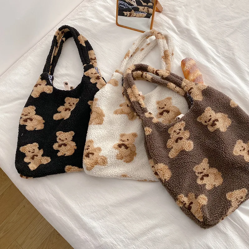 Women Plush Shoulder Bag Warm Cloth Fabric Handbag Soft Canvas Tote Large Capacity Shopping Bags Cute Bear Book Bags For Ladies 4